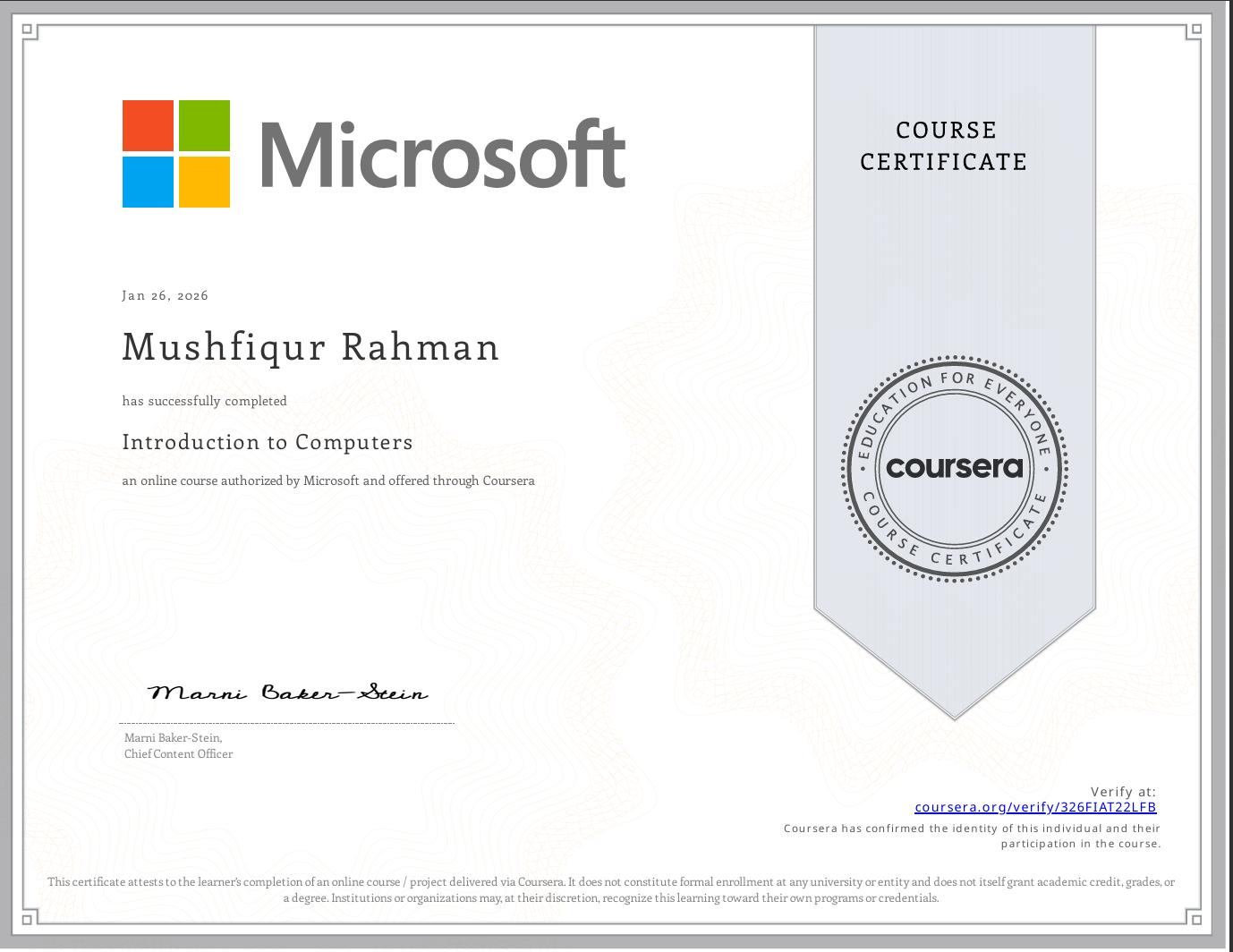 Introduction to Computers Certificate